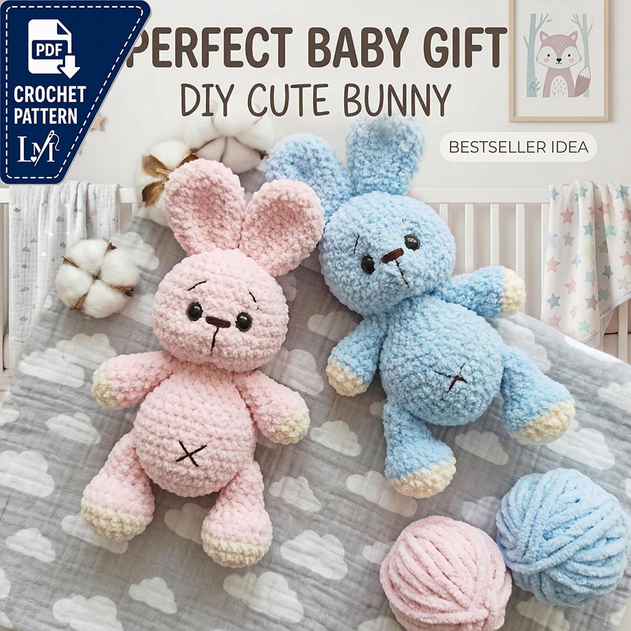 Crochet Bunny Pattern PDF, Baby Shower Gift DIY, Cute Stuffed Animal, Easy Amigurumi Bunny, Nursery Decor, Beginner Friendly